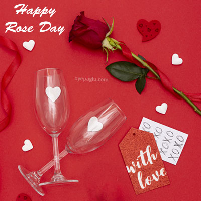 happy rose day with wine glass and rose