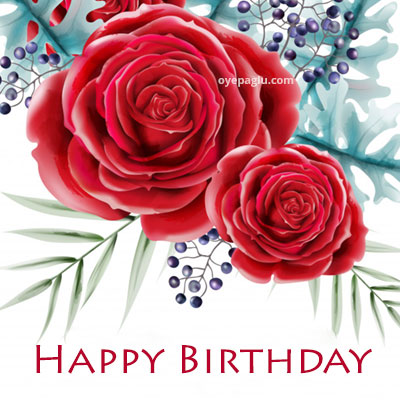 red rose flowers, green leaves and berries happy birthday roses images