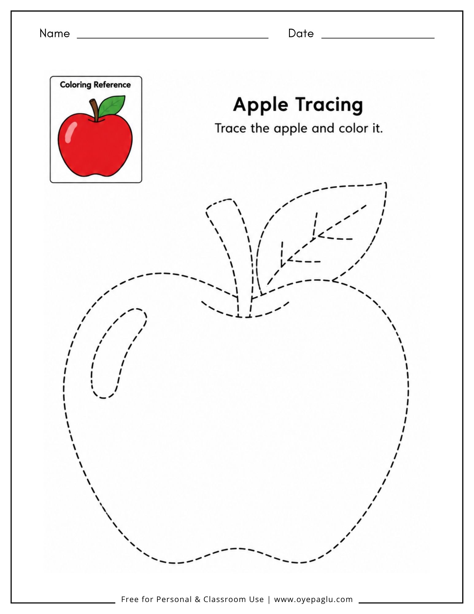 Apple tracing worksheet with a large apple for preschool and kindergarten