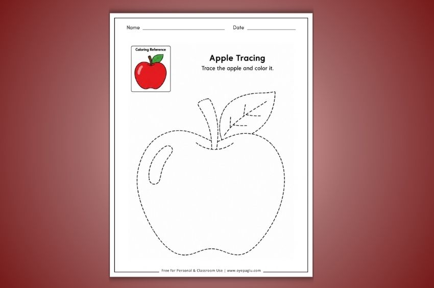 Free apple tracing worksheet for preschool and kindergarten