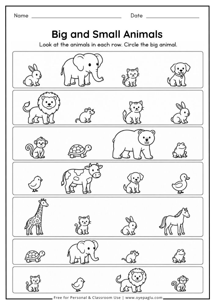 Big and Small Animals worksheet for preschool kids