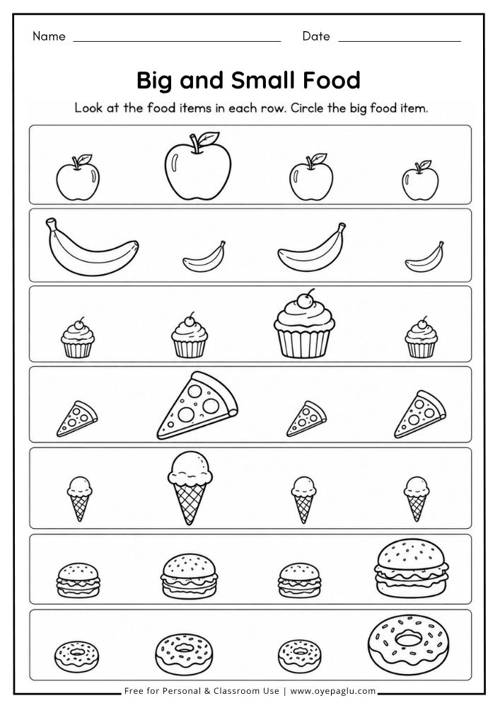 Big and Small Food worksheet for preschool kids