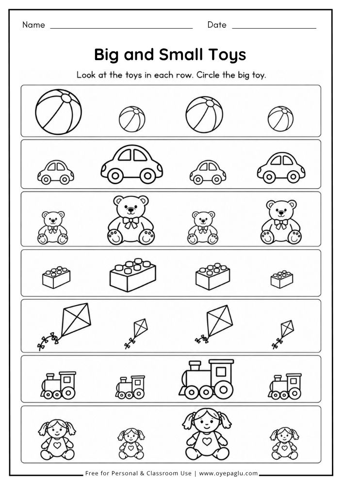 Big and Small Toys worksheet for kids