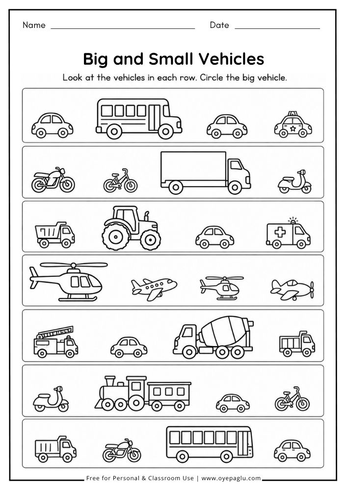 Big and Small Vehicles worksheet for kids