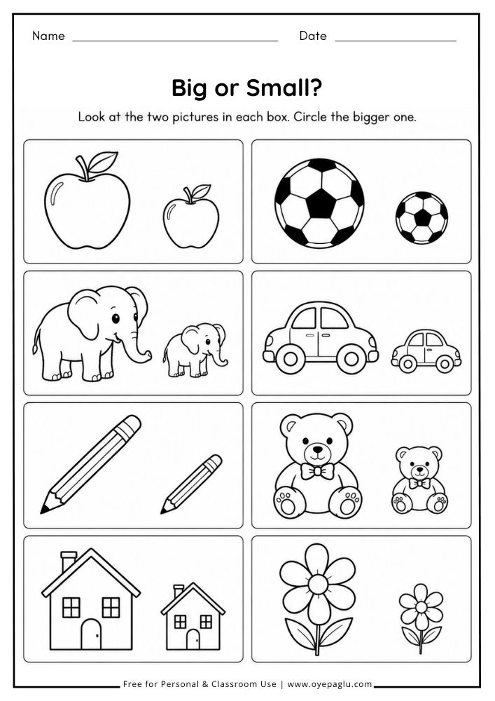 Big or Small worksheet for preschool and kindergarten