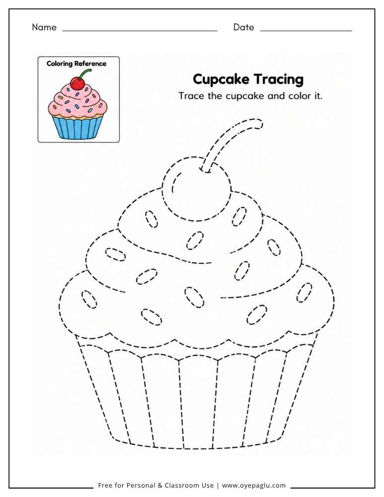 Cupcake tracing worksheet with frosting and sprinkles for preschool and kindergarten