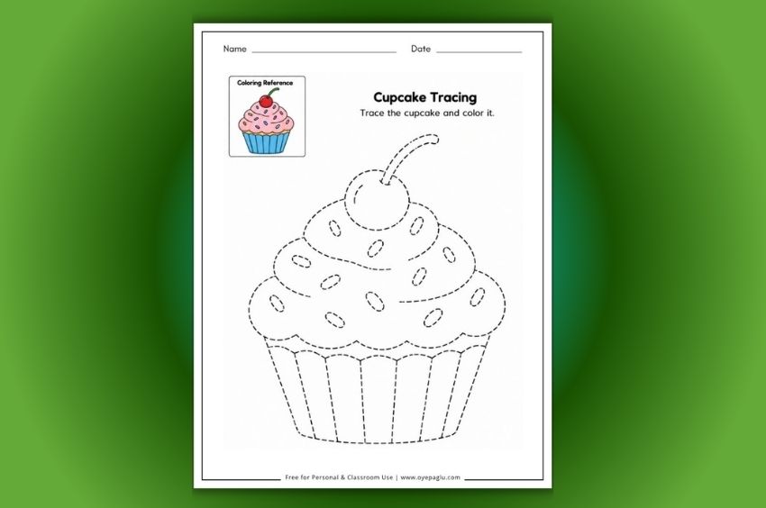 Free cupcake tracing worksheet for preschool and kindergarten