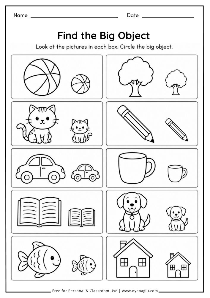 Find the Big Object worksheet for kids