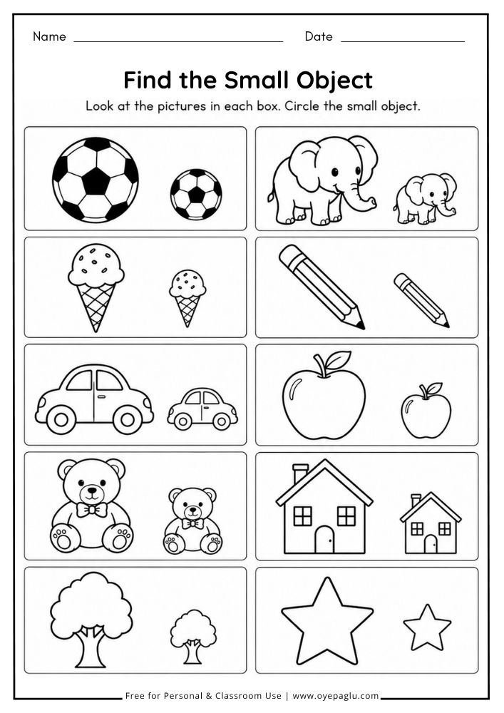 Find the Small Object worksheet for kids