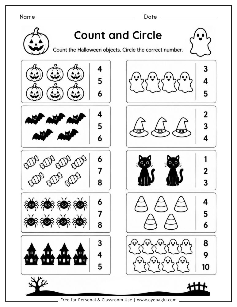 Halloween count and circle worksheet with candy and other Halloween objects for preschoolers