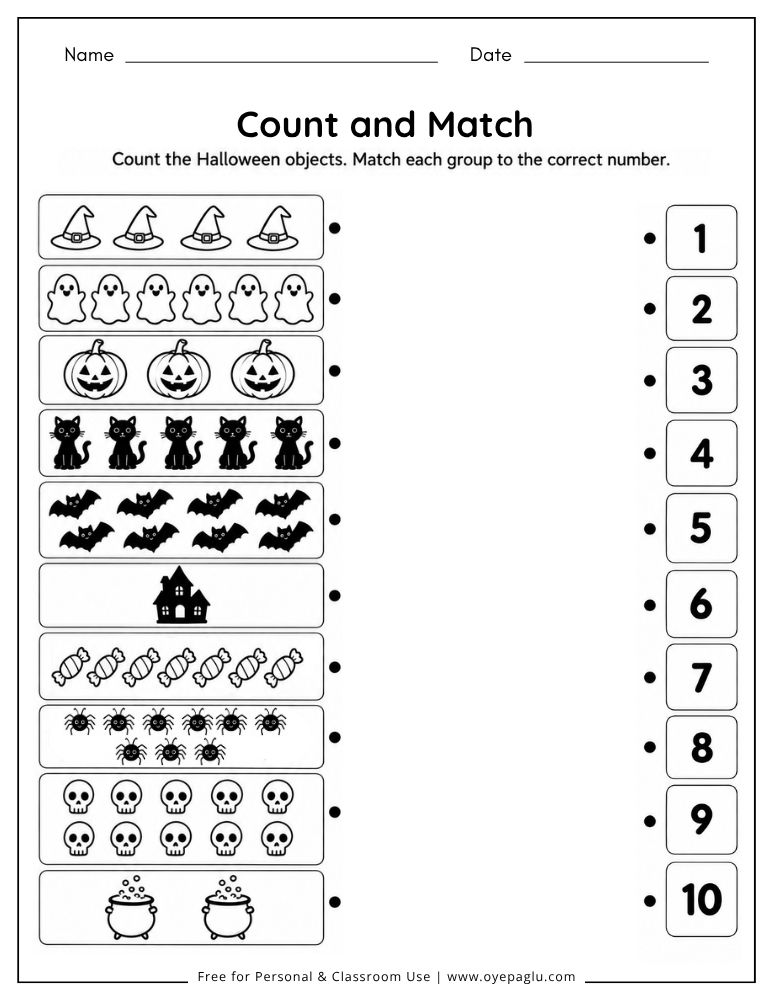 Halloween count and match worksheet with Halloween objects and numbers for preschool and kindergarten