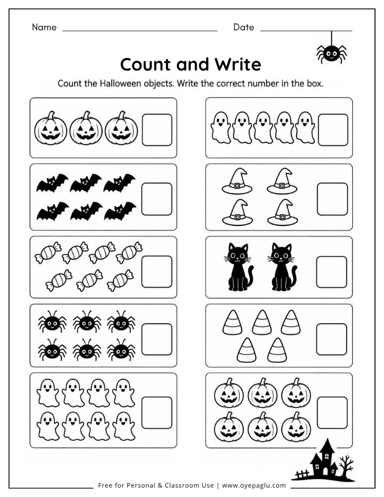 Halloween counting worksheet for preschool and kindergarten with Halloween objects to count and write