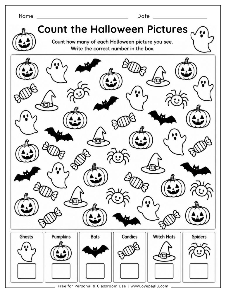 Halloween counting worksheet with ghosts pumpkins bats candies witch hats and spiders