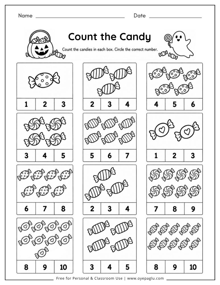 Halloween candy counting worksheet with number choices for preschool and kindergarten