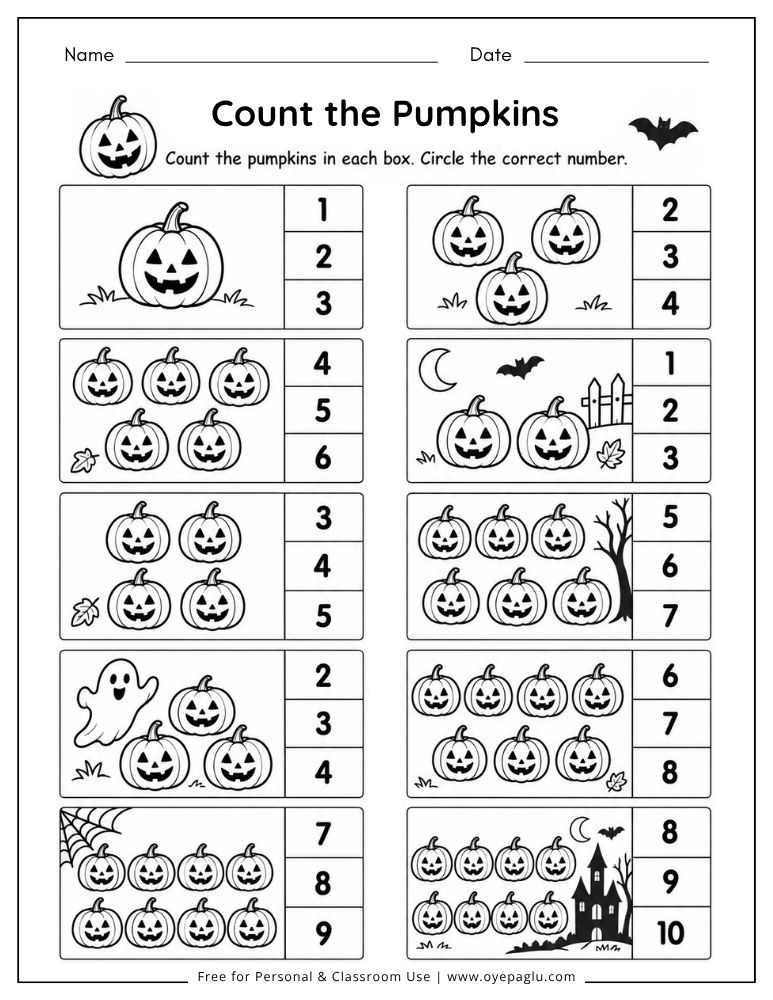 Halloween pumpkin counting worksheet for preschool and kindergarten