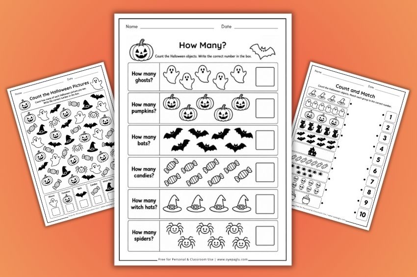 Free Halloween counting worksheets for preschool and kindergarten