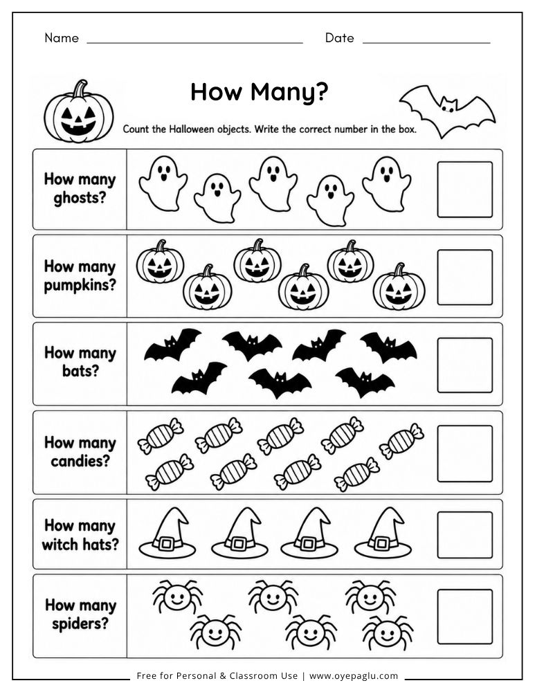 How Many Halloween counting worksheet with ghosts pumpkins bats candies witch hats and spiders