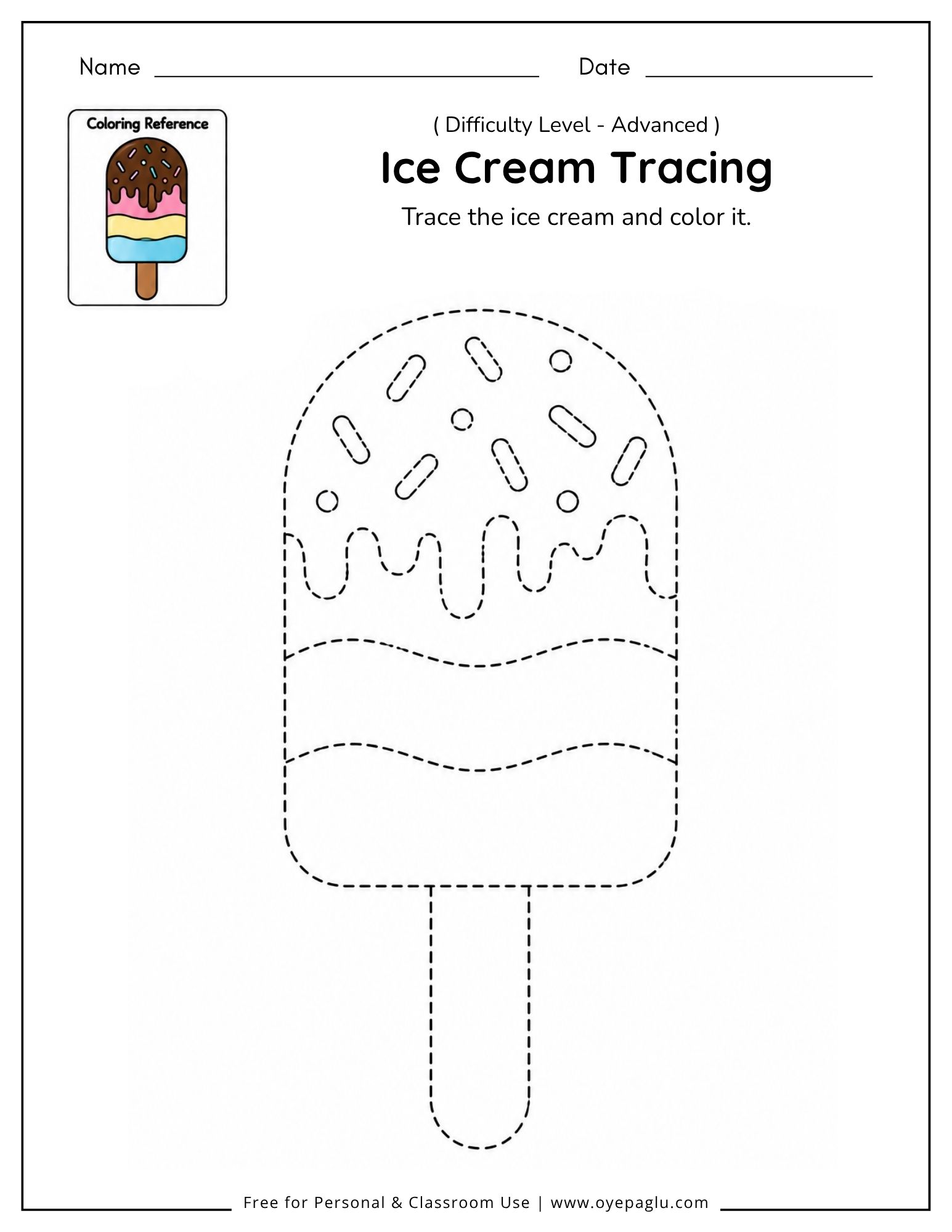 Advanced ice cream tracing worksheet with topping, sprinkles, and sections