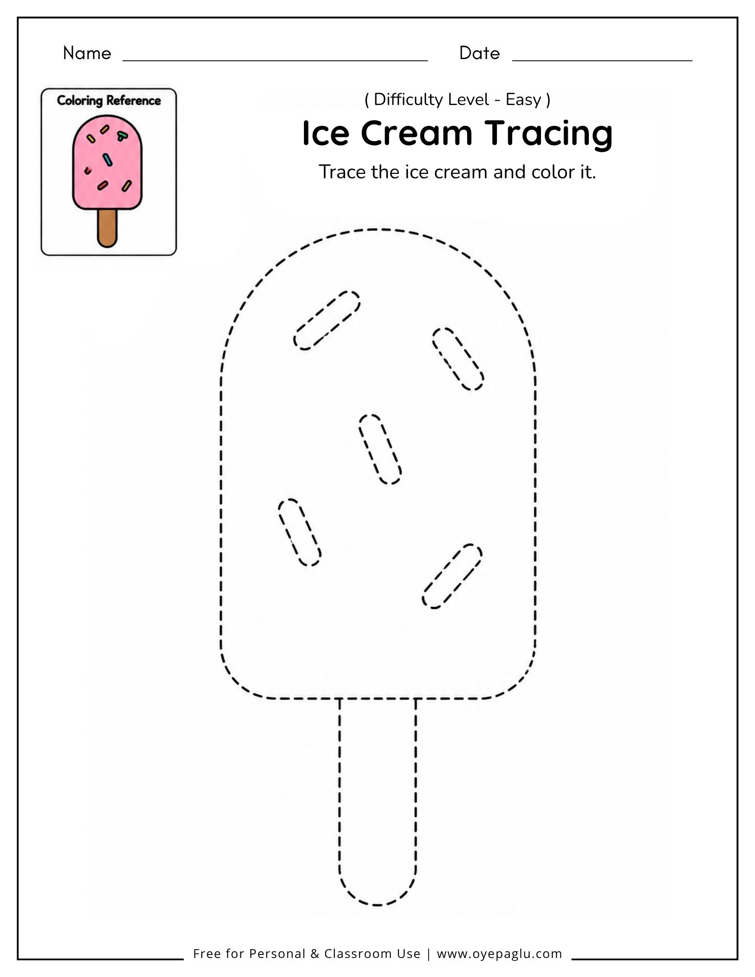 Easy ice cream tracing worksheet with a popsicle for preschool and kindergarten