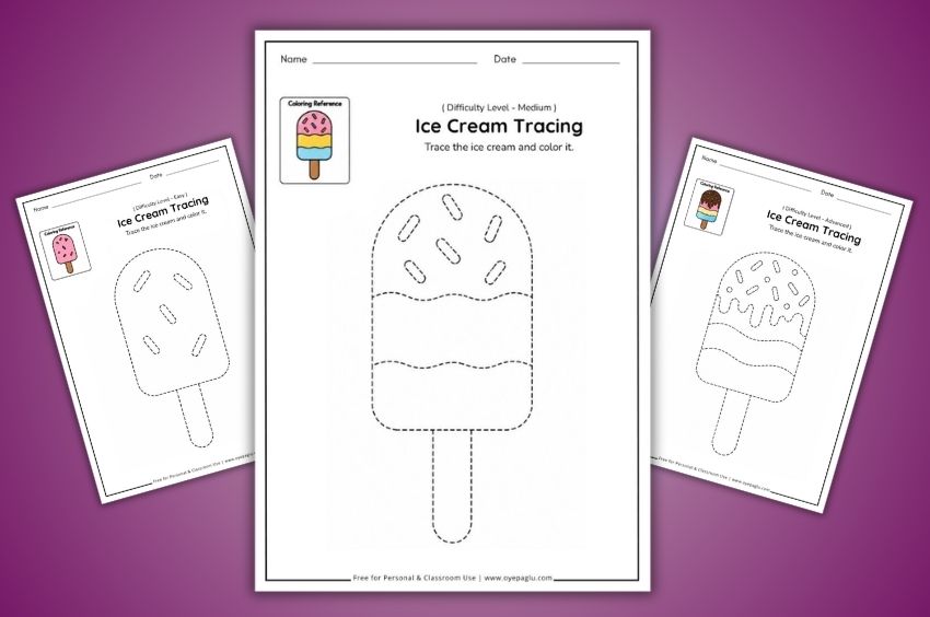 Free ice cream tracing worksheets for preschool and kindergarten