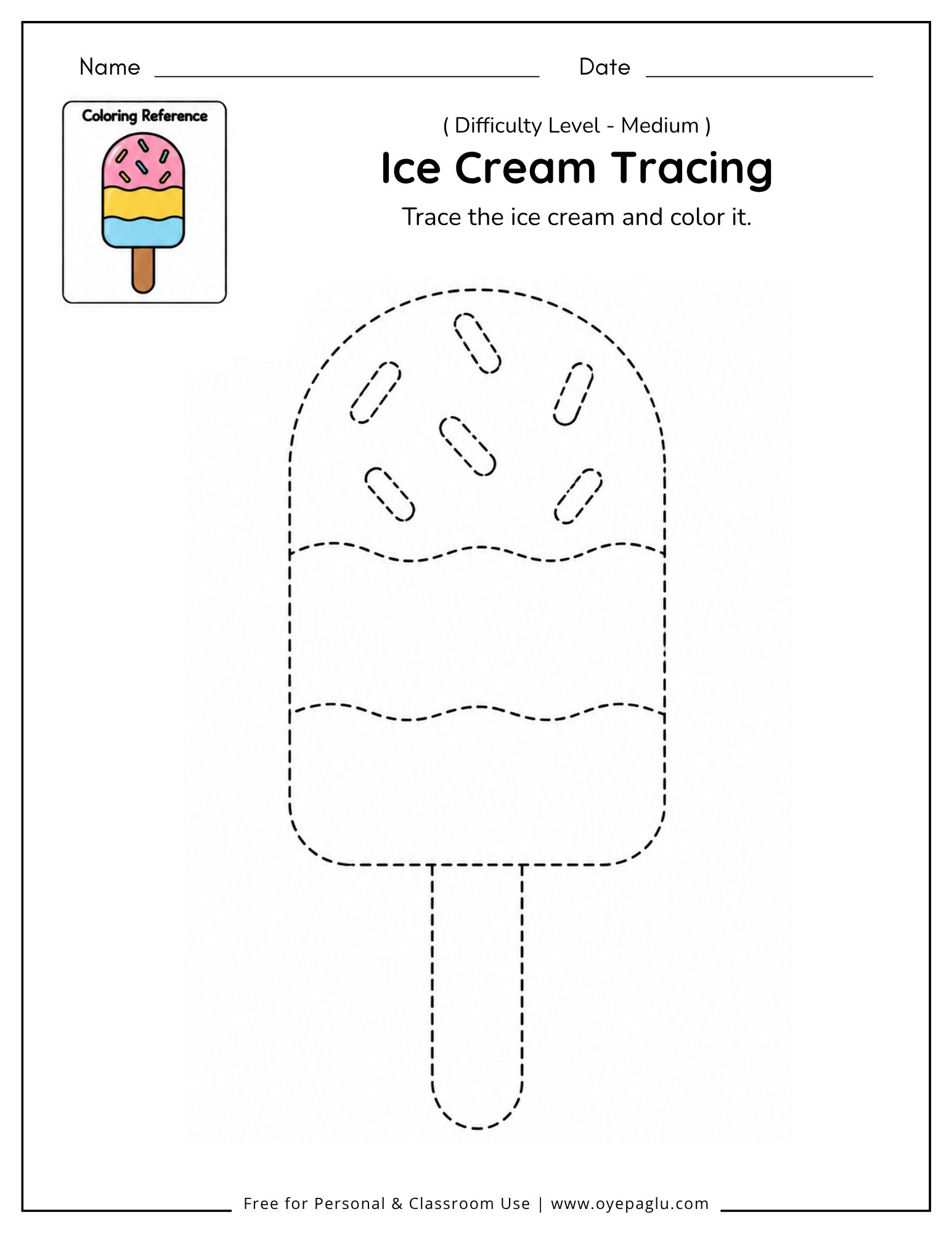 Medium ice cream tracing worksheet with simple sections for preschoolers
