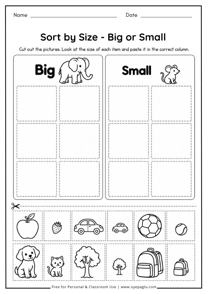 Sort by Size Big or Small worksheet for kids