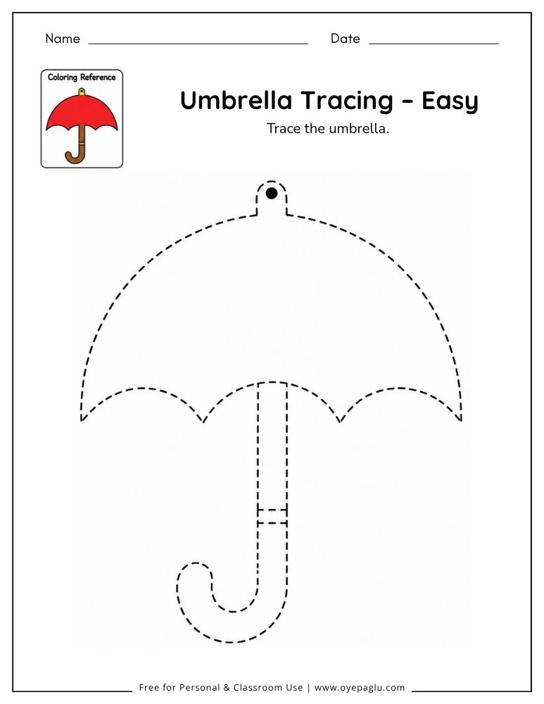 Easy umbrella tracing worksheet for preschool and kindergarten