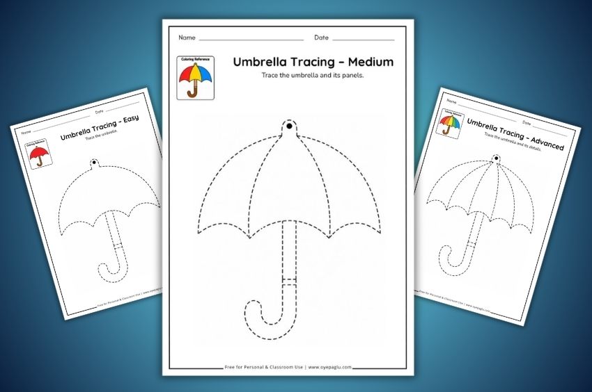 Free umbrella tracing worksheets for preschool and kindergarten