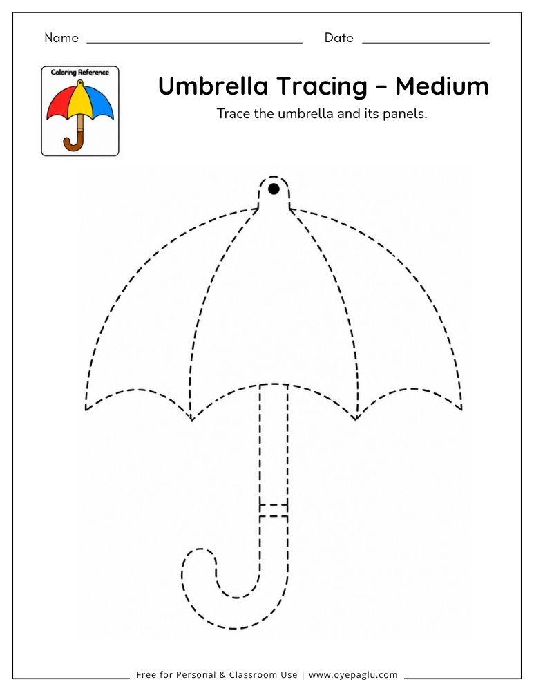 Medium umbrella tracing worksheet with simple panels for preschoolers