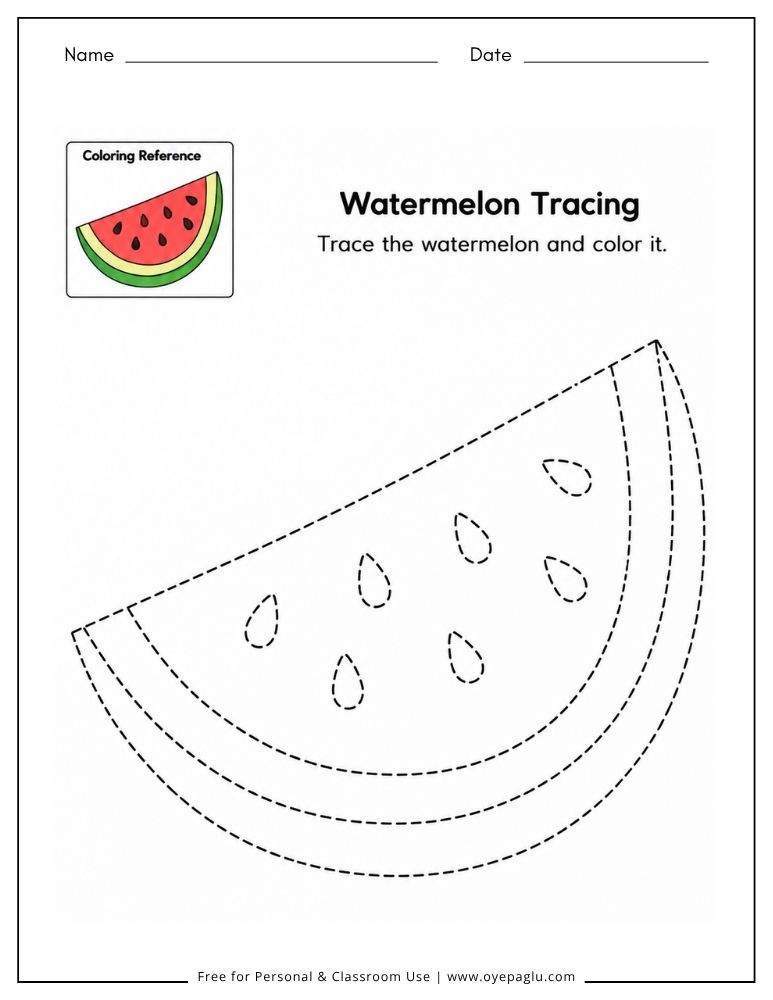 Watermelon slice tracing worksheet for preschool and kindergarten