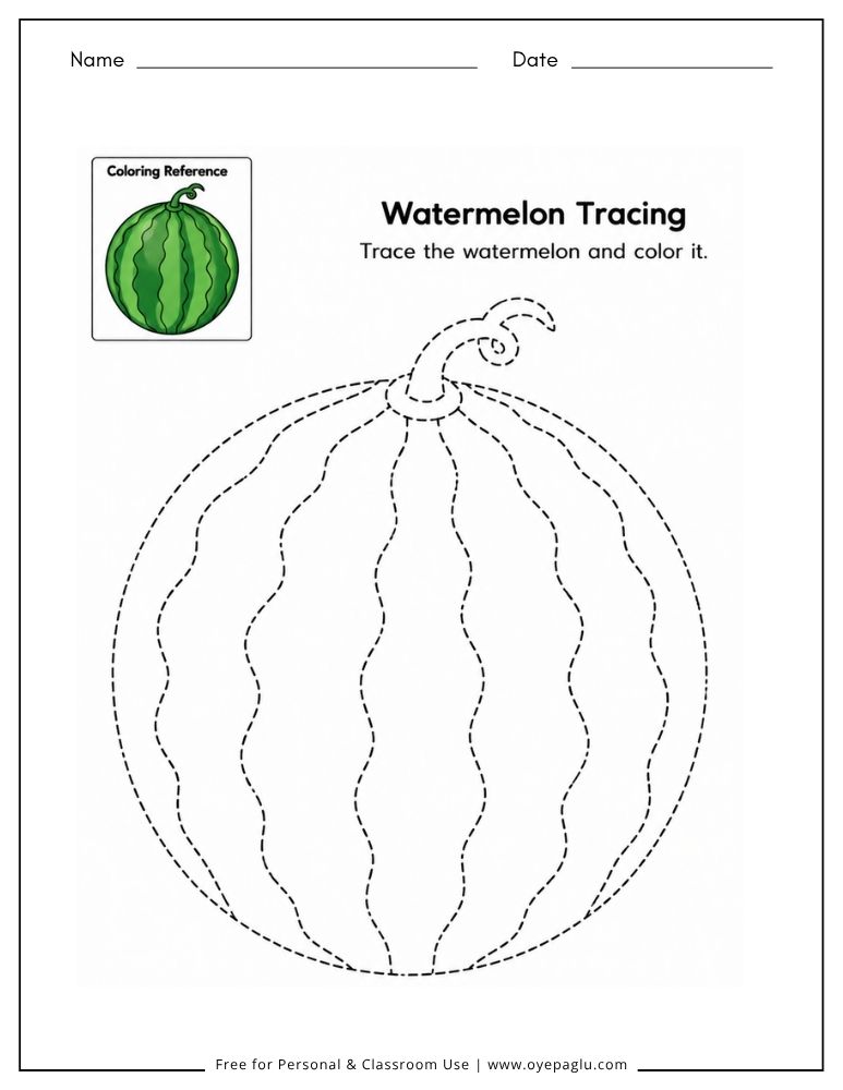 Whole watermelon tracing worksheet for preschool and kindergarten