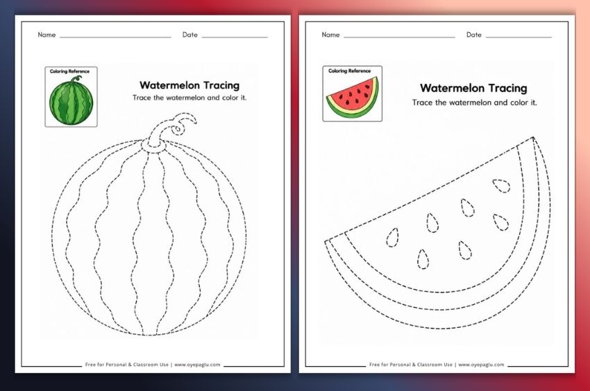 Free watermelon tracing worksheets for preschool and kindergarten
