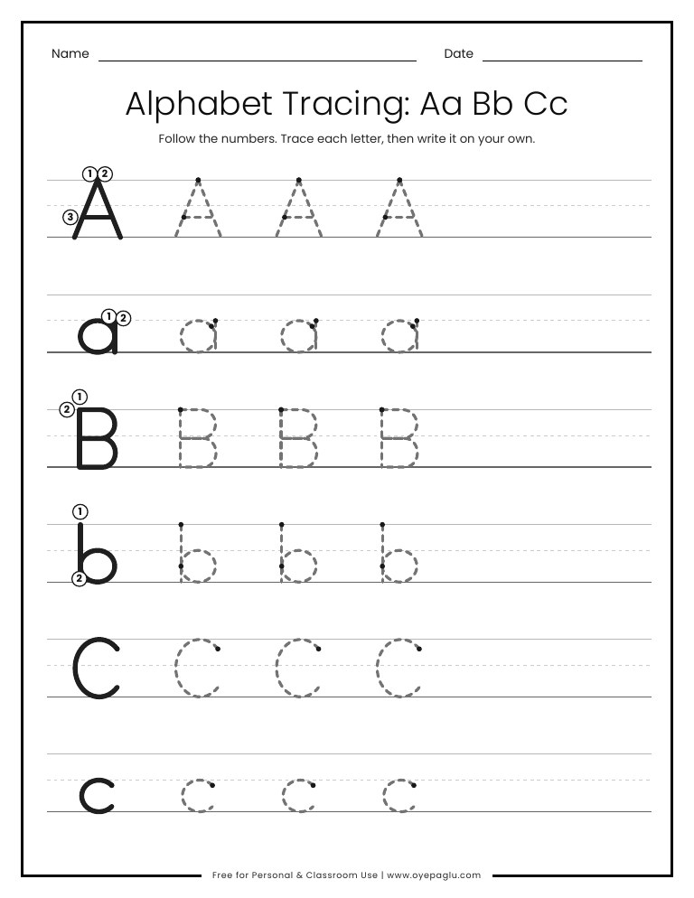 Alphabet tracing worksheet for letters Aa Bb Cc on handwriting lines