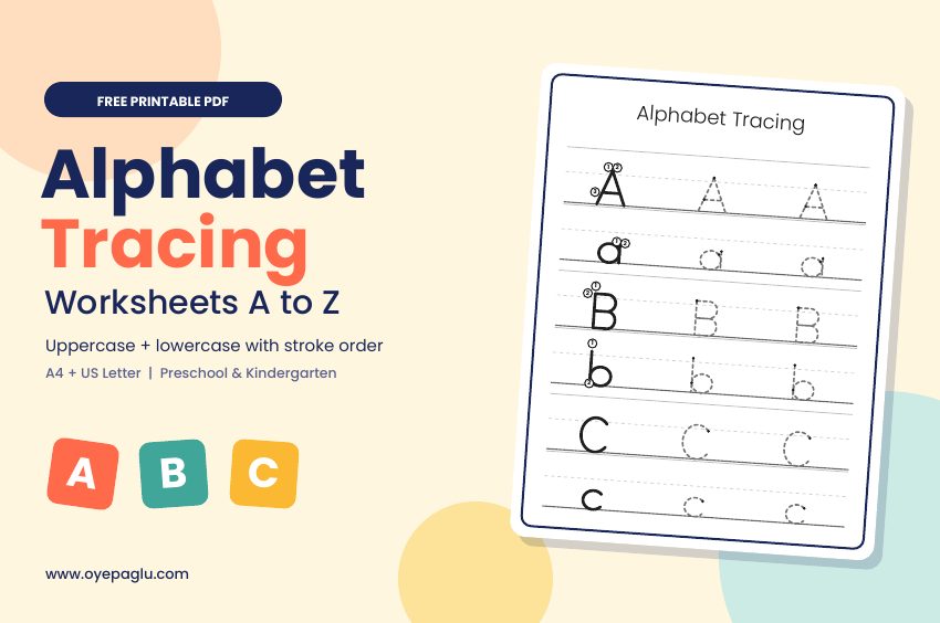 Free printable alphabet tracing worksheets A to Z with stroke order numbers