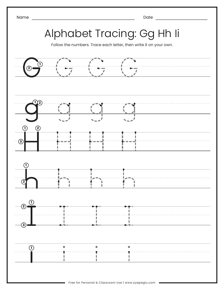 Alphabet tracing worksheet for letters Gg Hh Ii on handwriting lines
