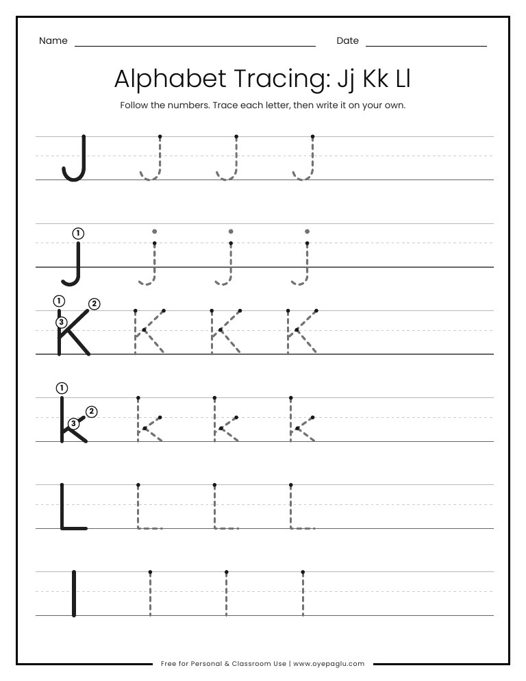 Alphabet tracing worksheet for letters Jj Kk Ll on handwriting lines