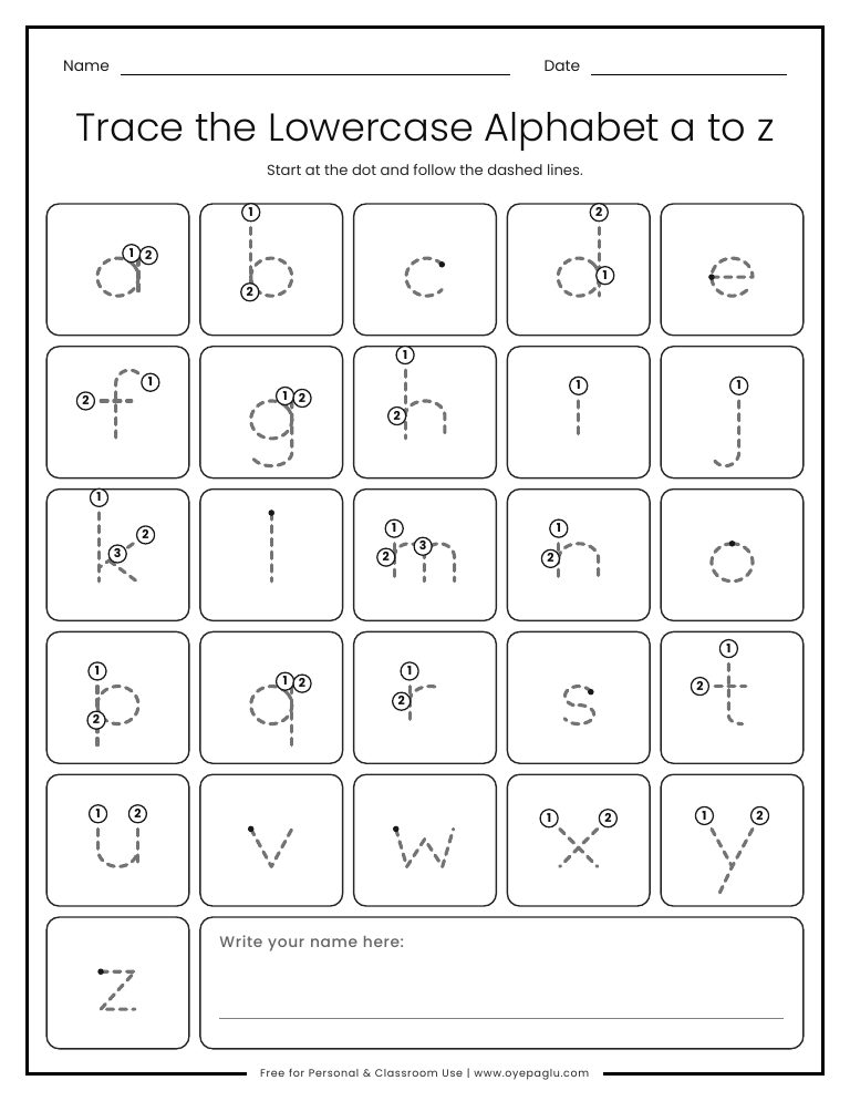 Lowercase alphabet tracing worksheet a to z with start dots