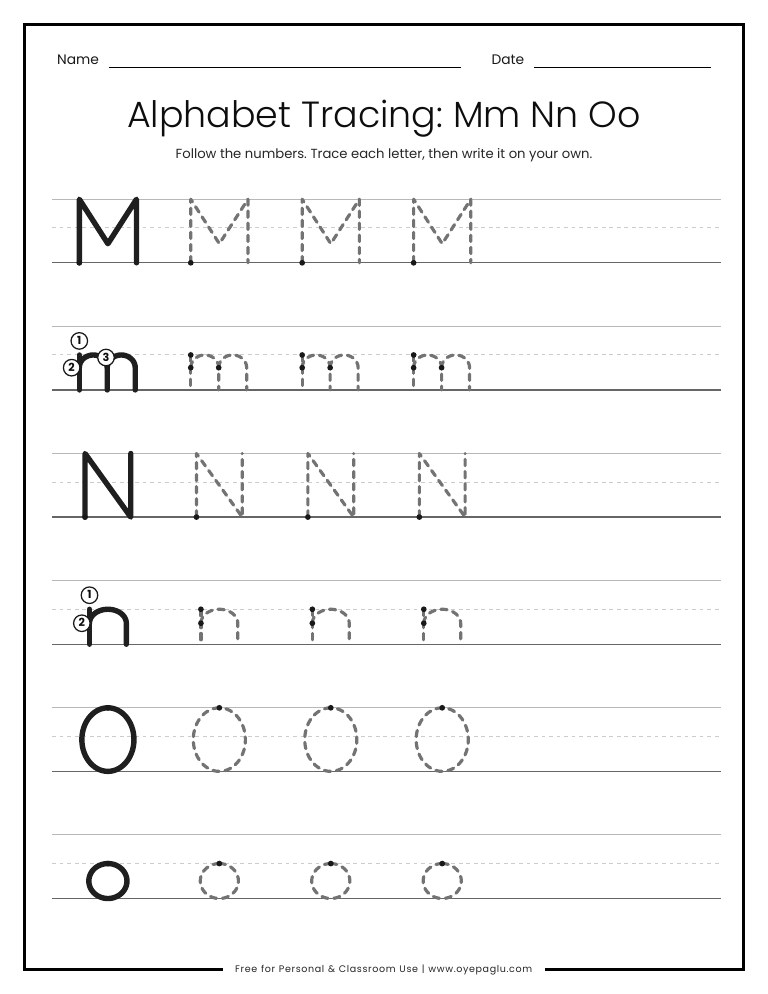 Alphabet tracing worksheet for letters Mm Nn Oo on handwriting lines