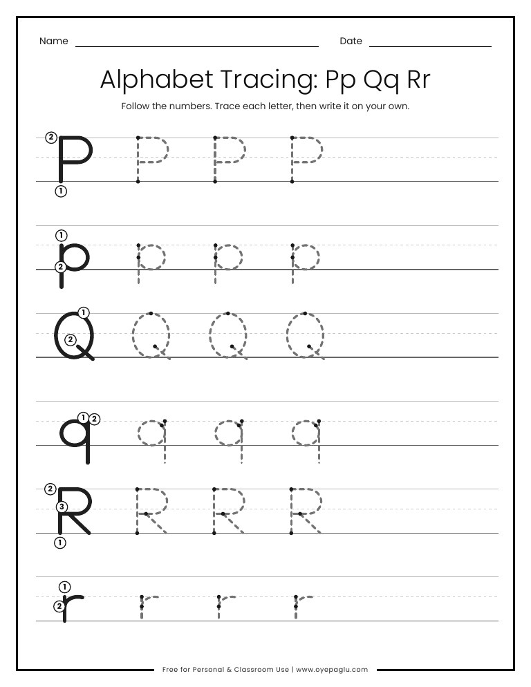Alphabet tracing worksheet for letters Pp Qq Rr on handwriting lines