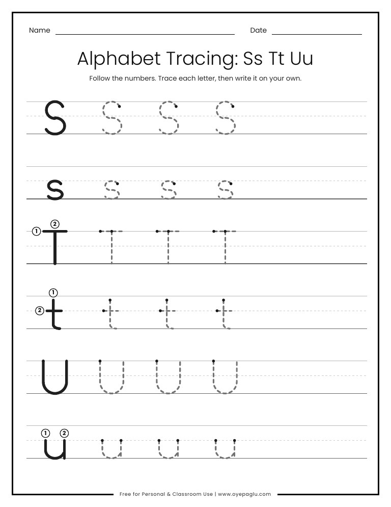 Alphabet tracing worksheet for letters Ss Tt Uu on handwriting lines
