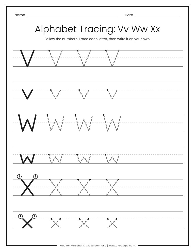 Alphabet tracing worksheet for letters Vv Ww Xx on handwriting lines