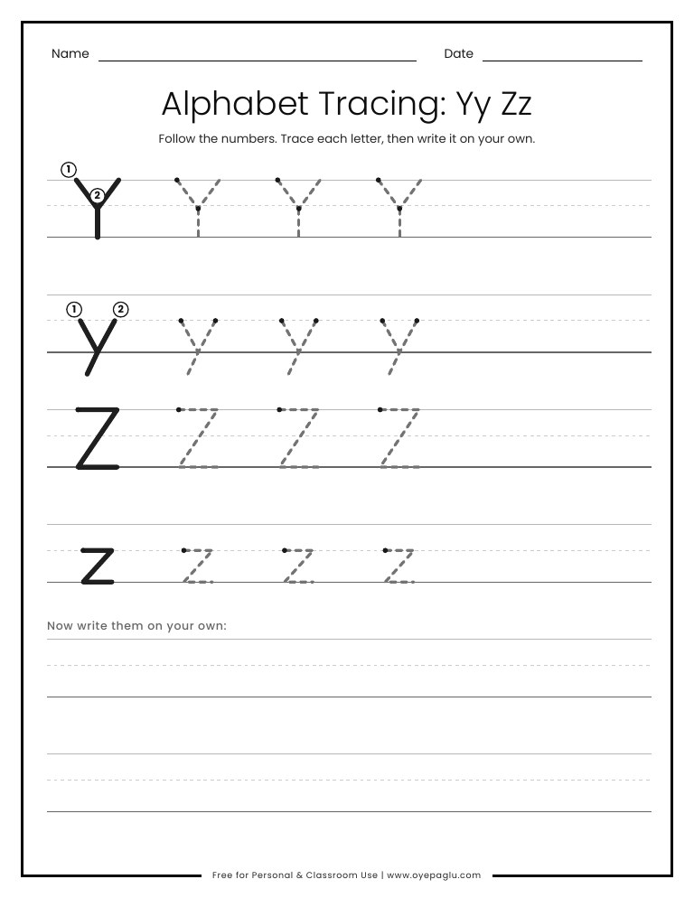 Alphabet tracing worksheet for letters Yy Zz on handwriting lines