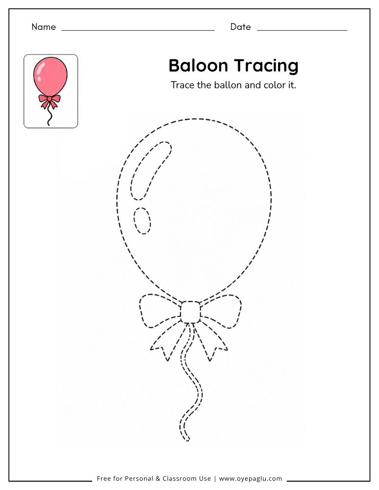Balloon tracing worksheet with bow and string for preschool and kindergarten