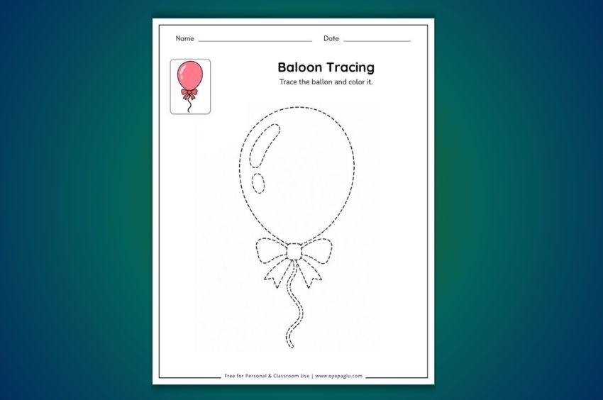 Free balloon tracing worksheet for preschool and kindergarten