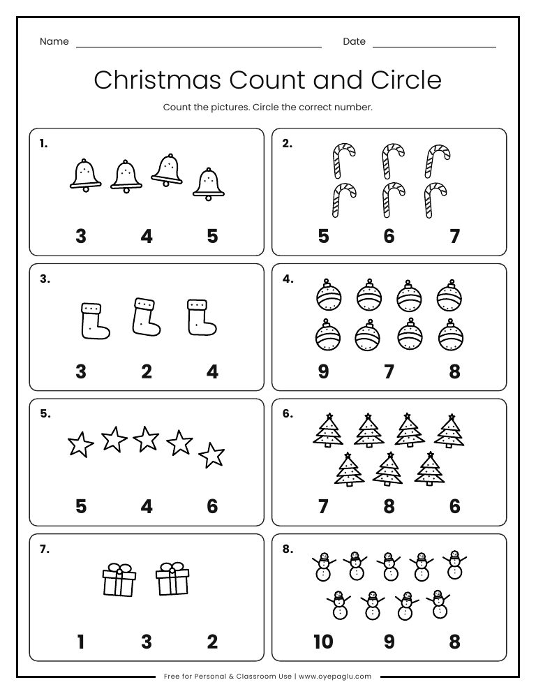 Christmas count and circle number worksheet for preschool