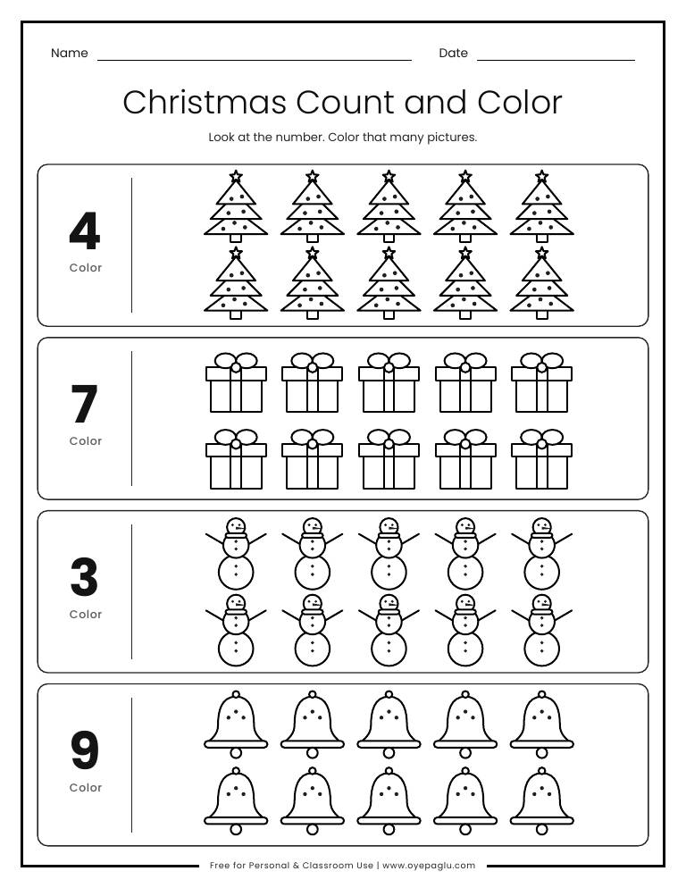 Christmas count and color worksheet with numbers 3 to 9