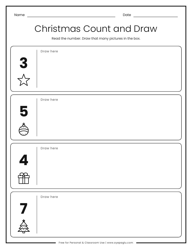 Christmas count and draw worksheet with numbers to draw pictures for