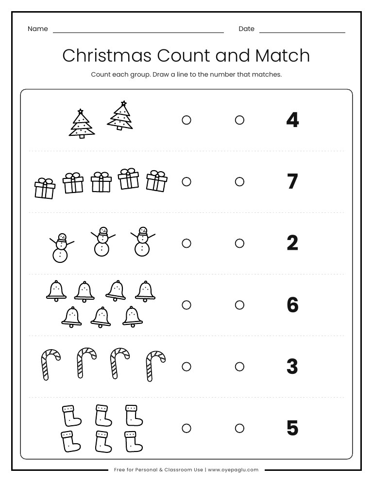 Christmas counting worksheet matching groups of pictures to numbers 2 to 7