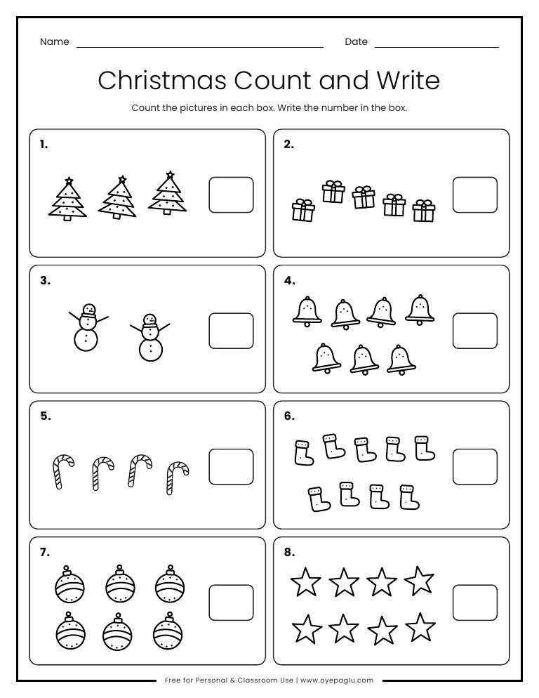 Christmas count and write worksheet with trees, gifts and bells to count