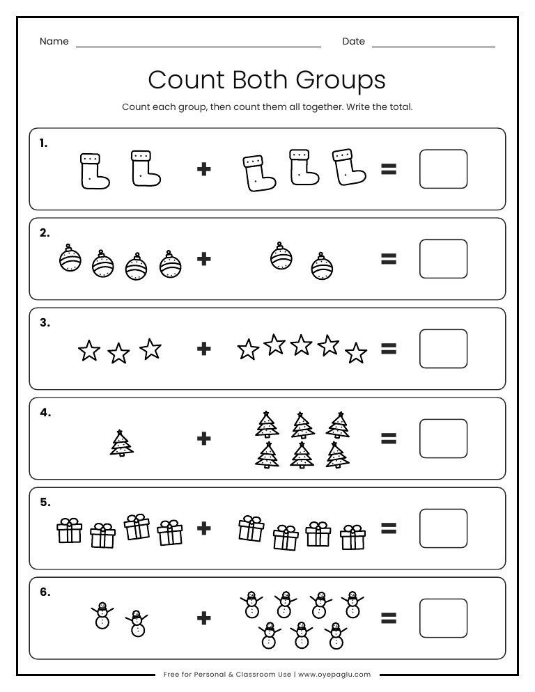 Christmas count both groups early addition worksheet for kindergarten